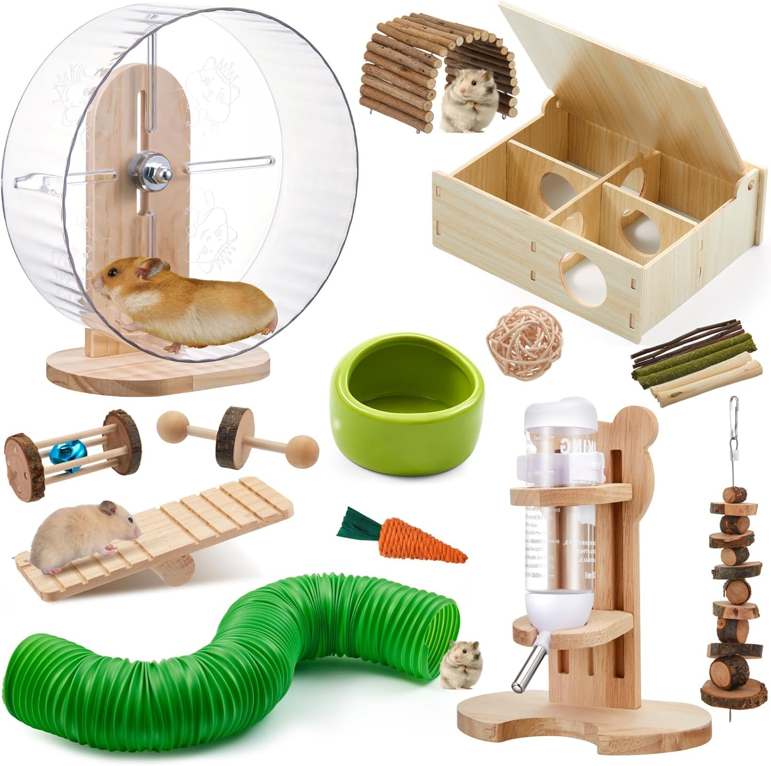 20 Pcs Hamster Toys Set, 16 Small Animal Chewing Toys, Maze Wood House, Silent Exercise Running Wheels and Water Bottle Set Feeding Bowl for Hamster Habitat Rat Cage Accessories(Green)