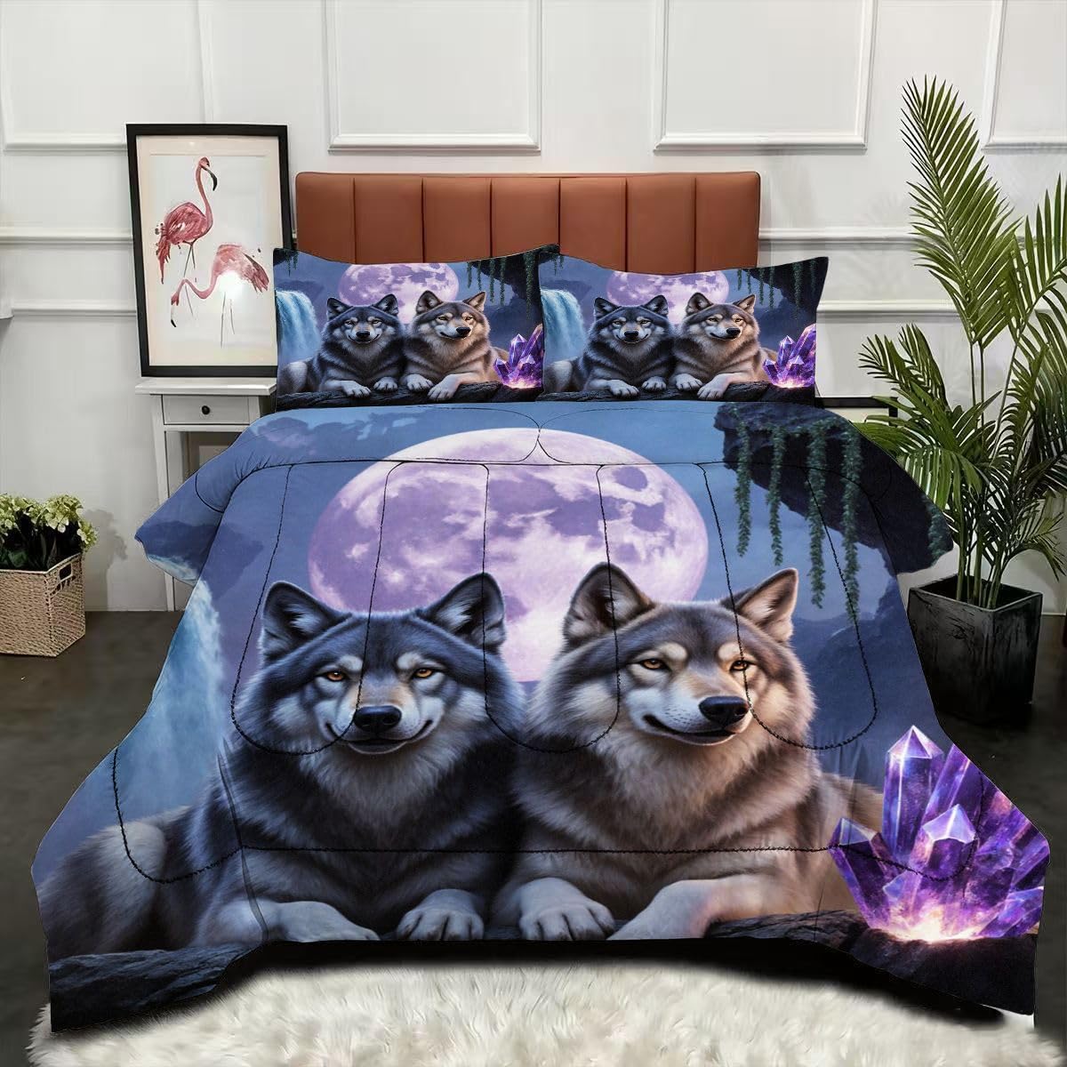 Couette 220 x 240 cm Loup parure de lit 4 saisons avec 2 taies d'oreiller adulte