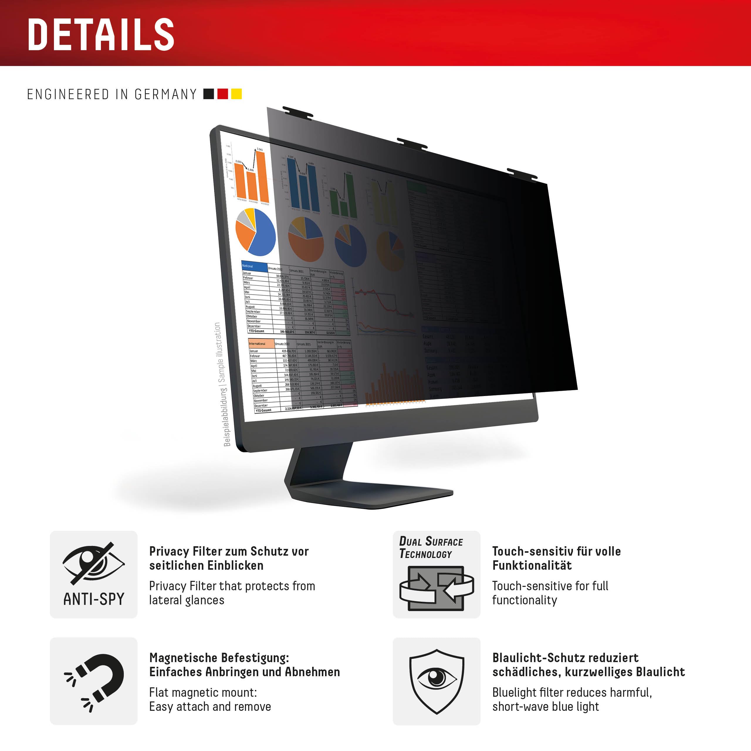 Displex PRIVACY SAFE Magnetischer 2-Wege Blickschutzfilter für Desktop Monitor 27'' (16:9), 60,7 x 34,3 cm, magnetische Befestigung, abnehmbar, Anti-Reflex- & glänzende Blickschutzfolie