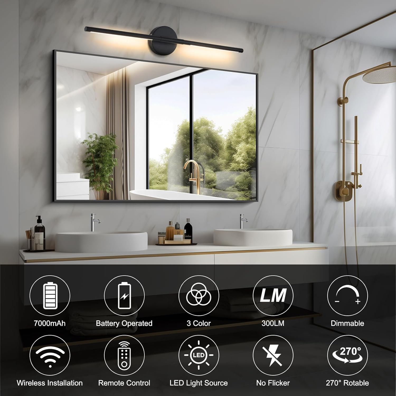 Wireless Battery Operated Wall Sconces with Remote, Black Rechargeable Led Wall Lights Set of Two, Cordless Dimmable Battery Powered Wall Lamp Decor for Bedroom Living Room, 3 Color, 28 Inch