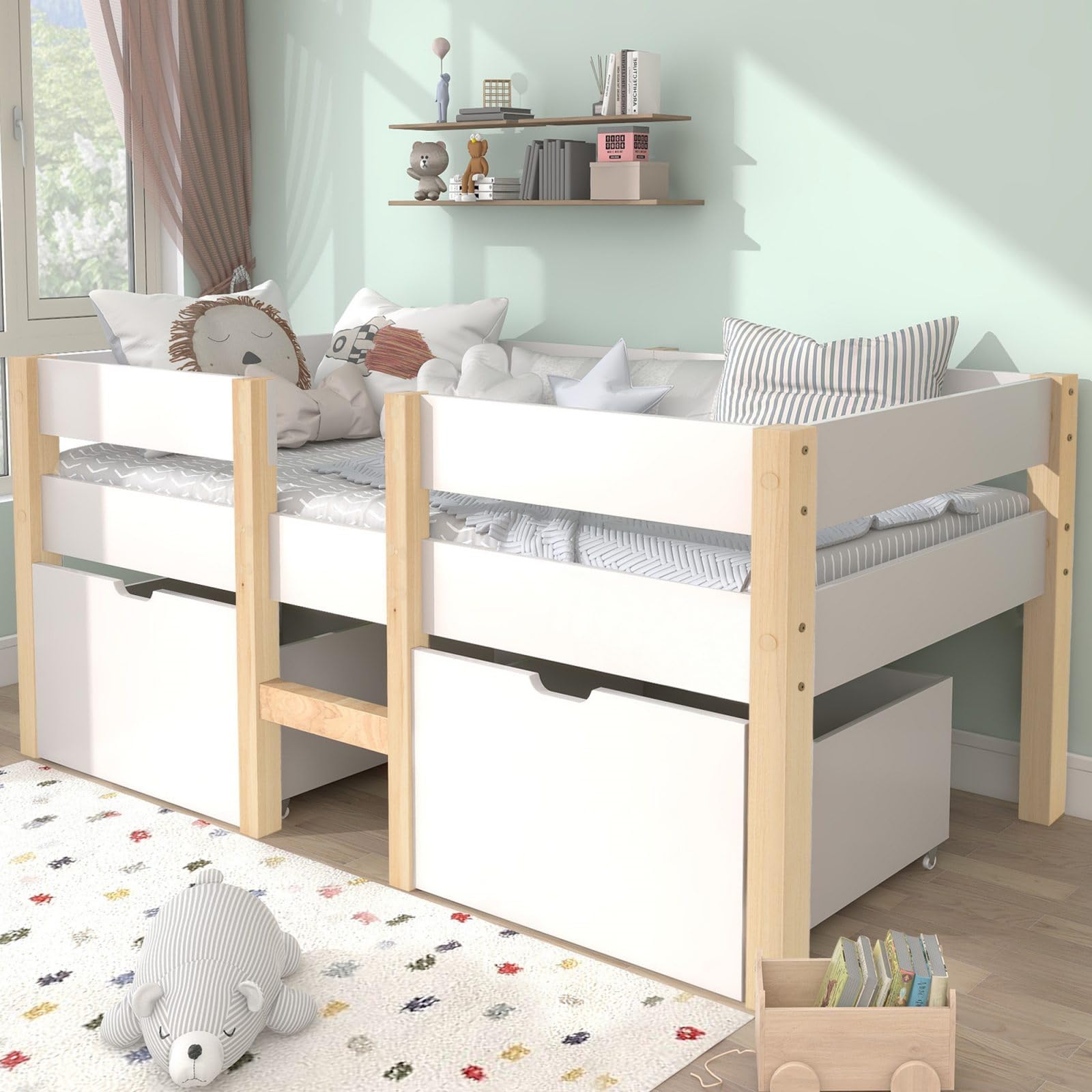 Lit enfant Mezzanine KOMHTOM sécurité rangement 2 tiroirs bois multifonction (90x190CM)
