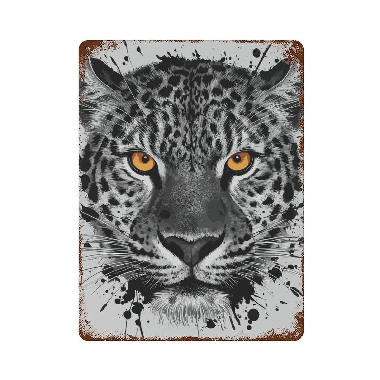 Aged Metal Wall Plaque with Leopard Watercolor Design 15.7"x11.8", for Farmhouse, Kitchen And Entryway Decor, Old School Wall Decor