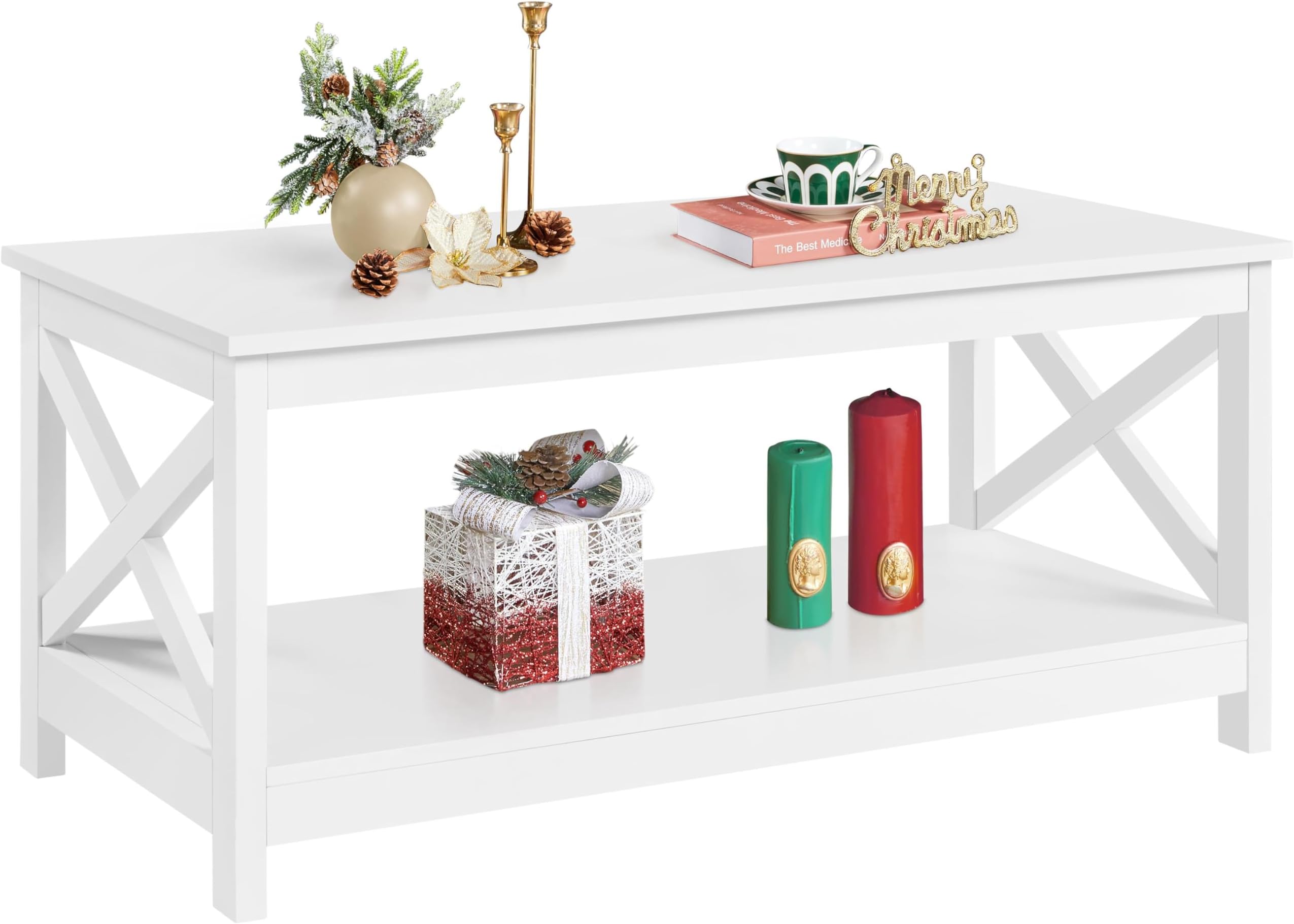 Yaheetech Wooden Coffee Table, 2 Tier Coffee Table with Open Storage Shelf for Living Room, Modern Style Centre Tea Table End Table For Home, Office, Furniture, White