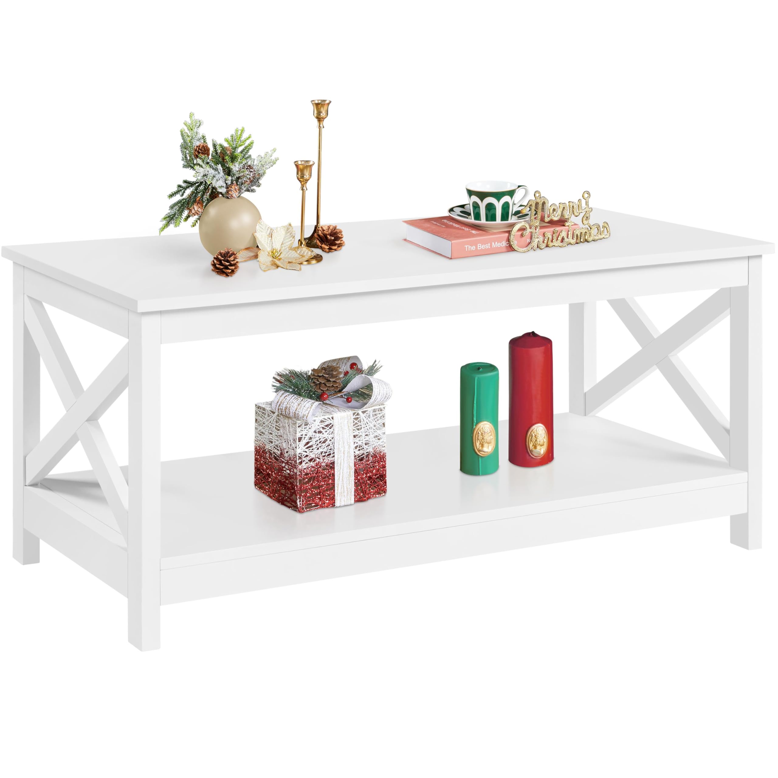 Yaheetech Wood 2-Tier White Coffee Table with Storage Shelf for Living Room, X Design Accent Cocktail Table, Simple Design Home Furniture, 39.5 x 21.5 x 18 Inches