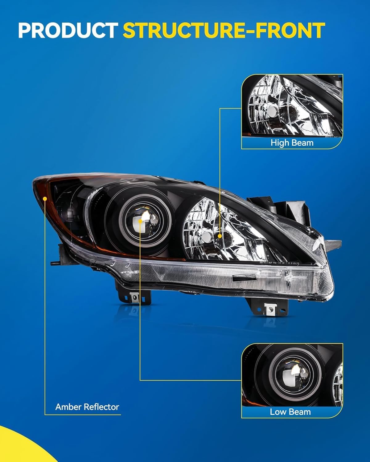 PHILTOP Headlight Assembly for 2010 2011 2012 2013 Mazda 3, Black Housing Clear Lens Clear Reflector, Halogen Headlamp OE Replacement Driver and Passenger Side Pair