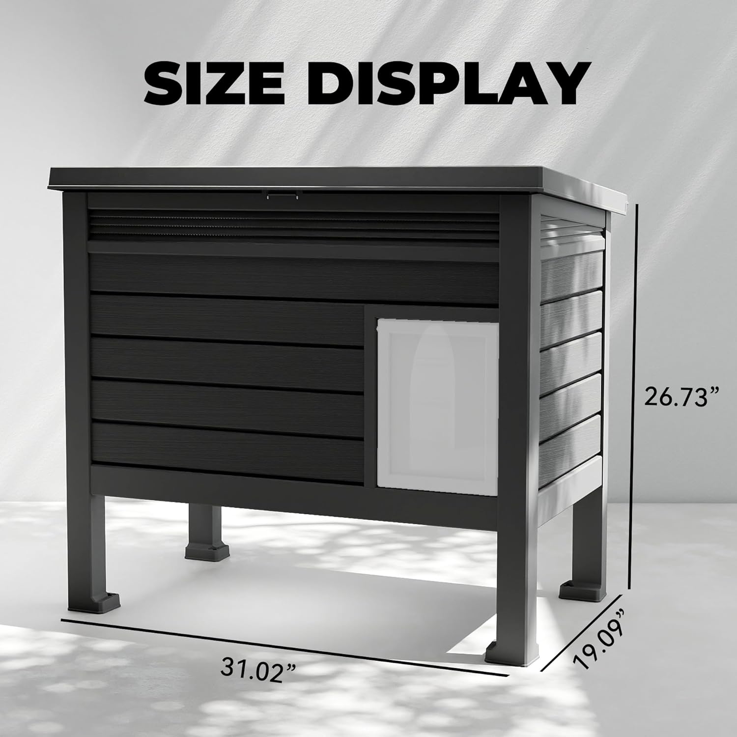 Outdoor Cat House Insulated,Feral Cat Enclosure Weatherproof with Raised Floor&Windscreen,Resin Insulated Cat House for Winter,for Feral Cats, Rabbits, Small Animals(Black,with Cushion)