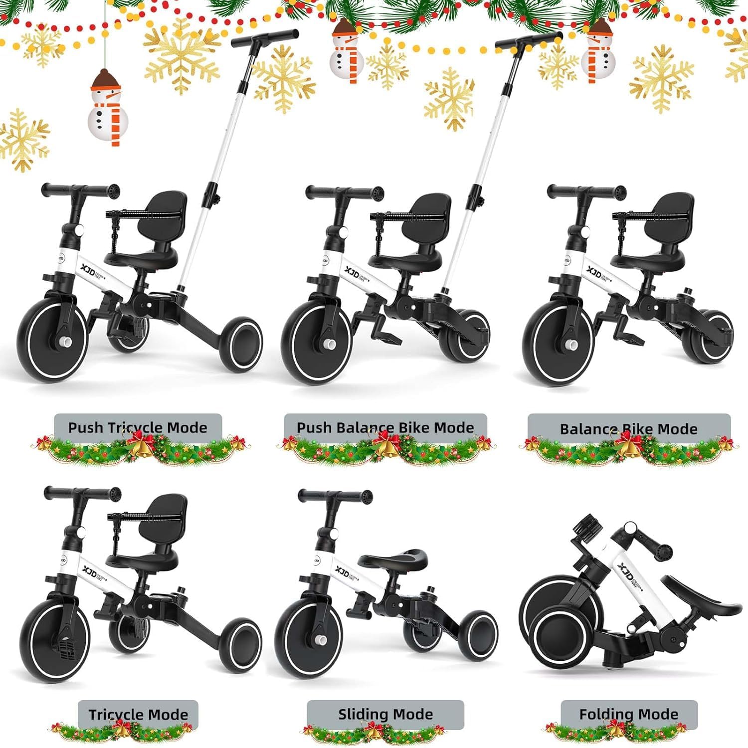 Glaf Tricycle for Toddlers 1-3 Toddler Bike with Push Handle 2-4 Years Baby Bike Toys for 2 Years Boys and Girls Balance Bike with Adjustable Seat Height and Backrest Birthday Gift (White)