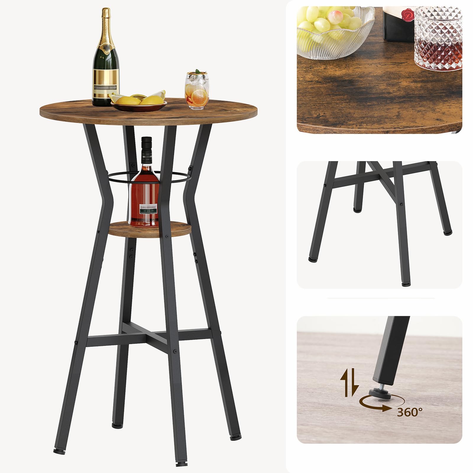 YATINEY Tavolo da Bar, Tavolo Bistrot Rotondo Alto a 2 Livelli, Tavolino Alto per Casa, Ideale per Cucina, Soggiorno, Sala Riunioni, Bar, Marrone Vintage e Nero XBT03BR