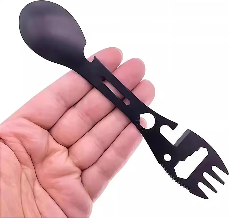 Multifunctional Outdoor Fork Spoon Detachable Tableware,10-in-1 Utility Tactical Spork, Stainless Steel Spoon & Bottle Opener, Fork & Knife, Combo Camping Utensil for Hiking(Black,1pcs)