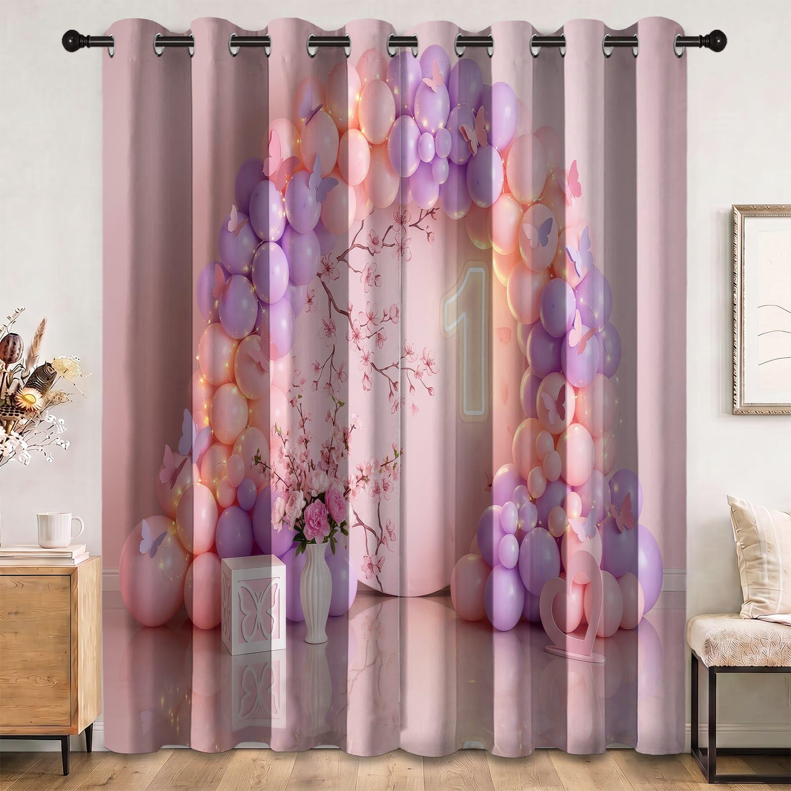 Festive Cartoon Blackout Curtains for Bedroom 54 inch Drop, Eyelet Curtains for Living Room Nursary, Balloons Butterflies Numbers Flowers Thermal Insulated Window Drapes Decor 2 Panels, Pink
