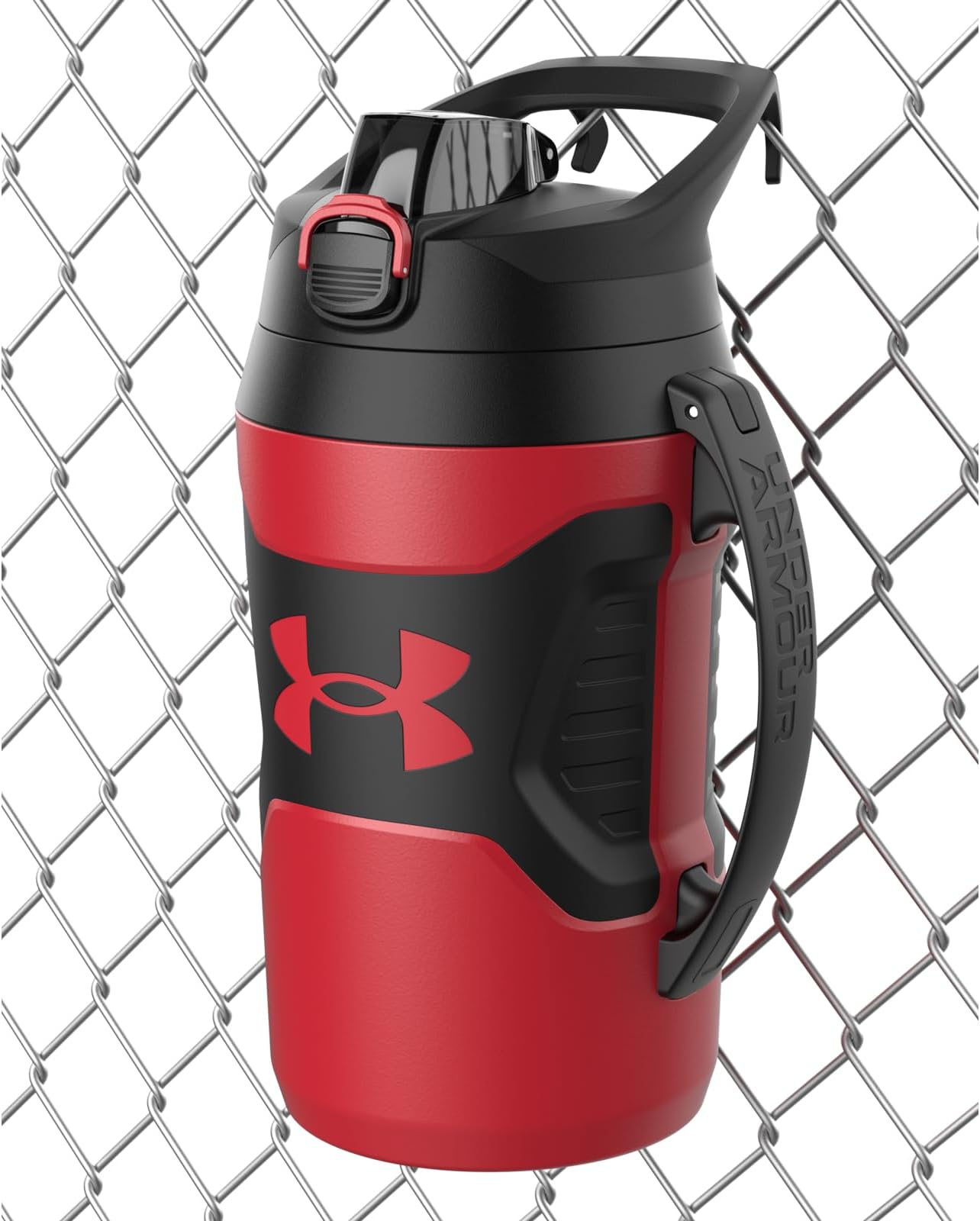 Half Gallon Water Bottle Insulated, 64oz Insulated Water Bottle with Handle, Fence Hook, Leak Resistant, for Baseball, Football & More - Red/Black
