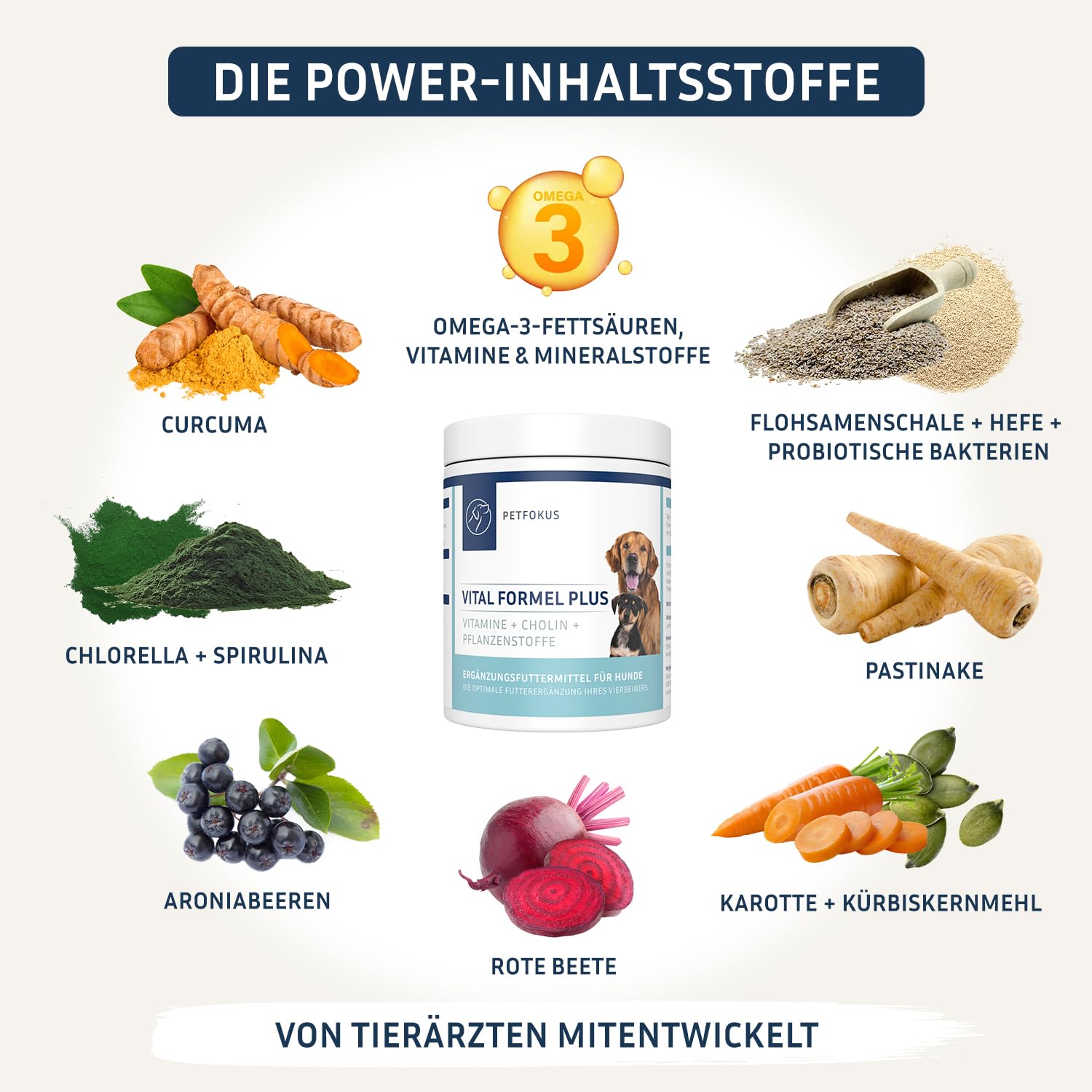 PetFokus Vital Formuła Plus | wspomaga trawienie, promienne futro, energię i witalność | suplement karmy dla psów | witaminy, minerały i substancje roślinne I probiotyki i omega-3 | pyszny smak