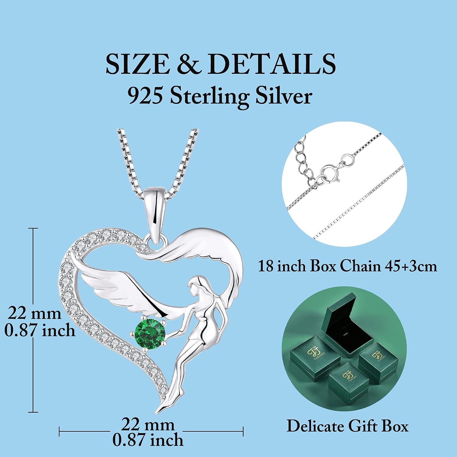 FJ Heart Guardian Angel Necklace 925 Sterling Silver Angel Wing Pendant May Birthstone Necklace Emerald Jewellery for Women - Image 5
