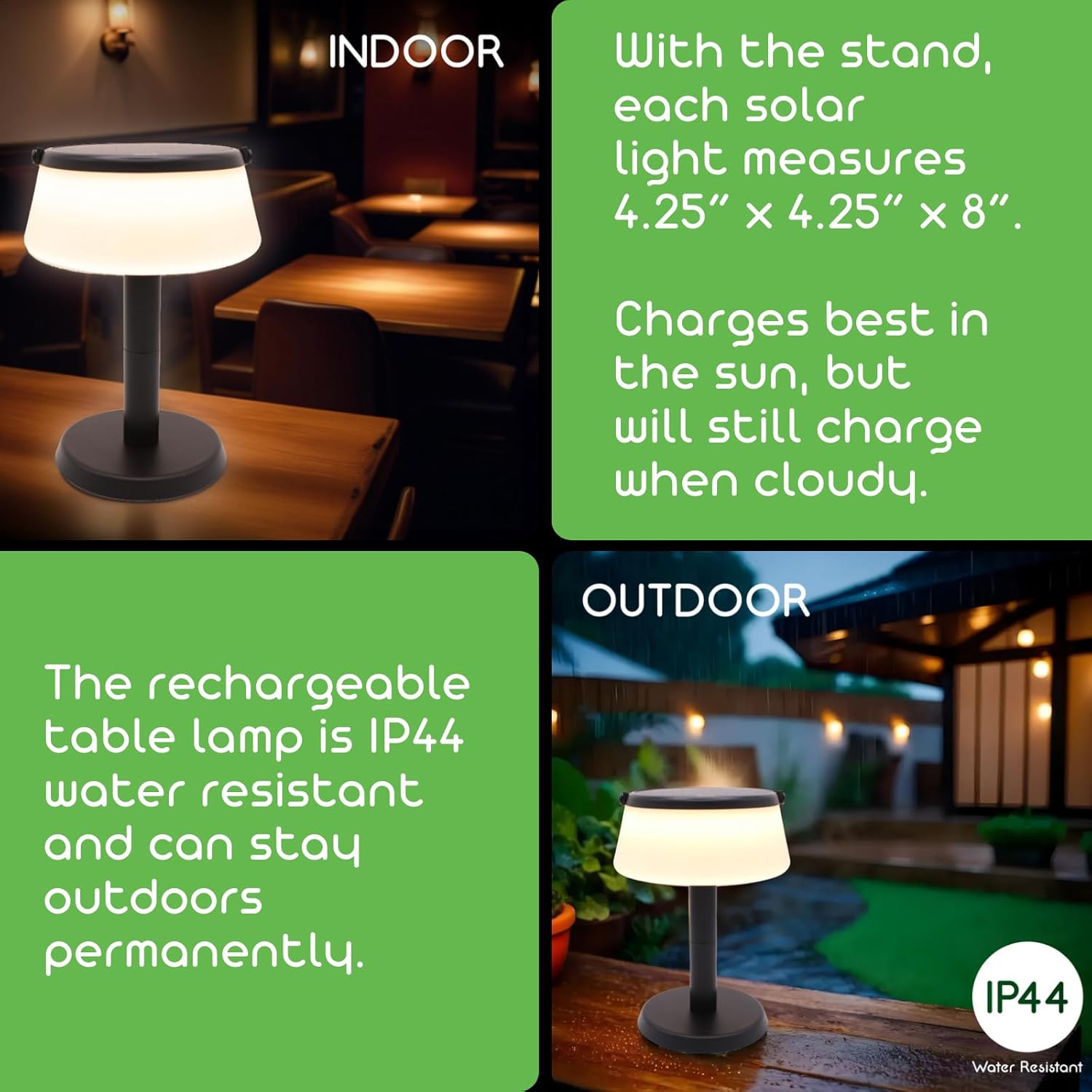 2-in-1 Portable Solar Power LED Table Lamp & Lantern - Indoor/Outdoor - Stepless Dimming - Rechargeable Battery - 330 lumens, 2700K - IP44 Weather Resistant - Black - 1 Pack