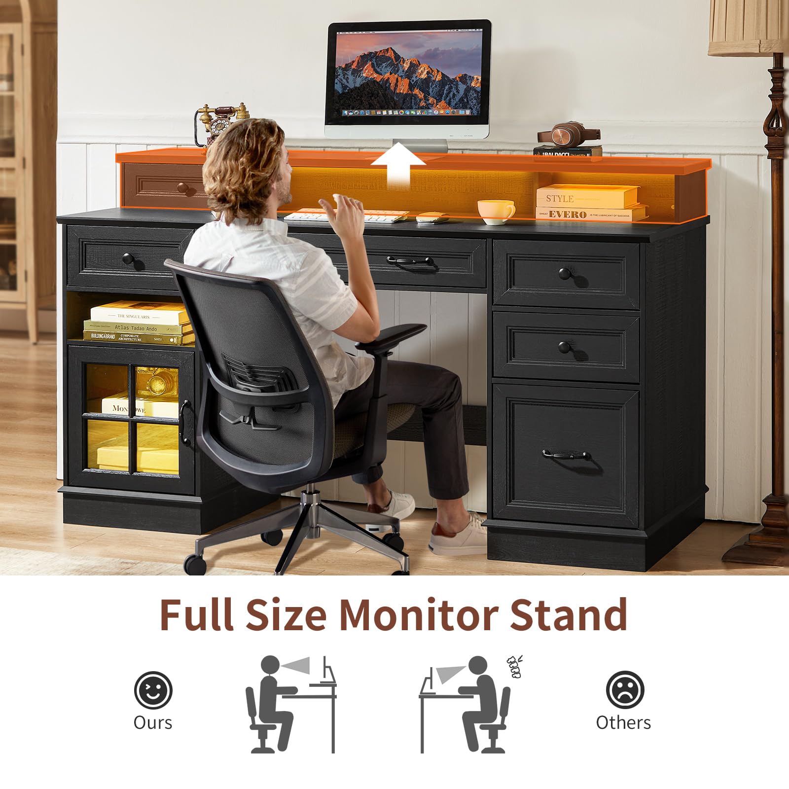 HAUOMS Farmhouse Executive Desk with Drawers Computer Desk with File Drawers, Power Outlet and Led Lights, Executive Office Desk with Storage Cabinet and Monitor Shelf for Home Office, Black