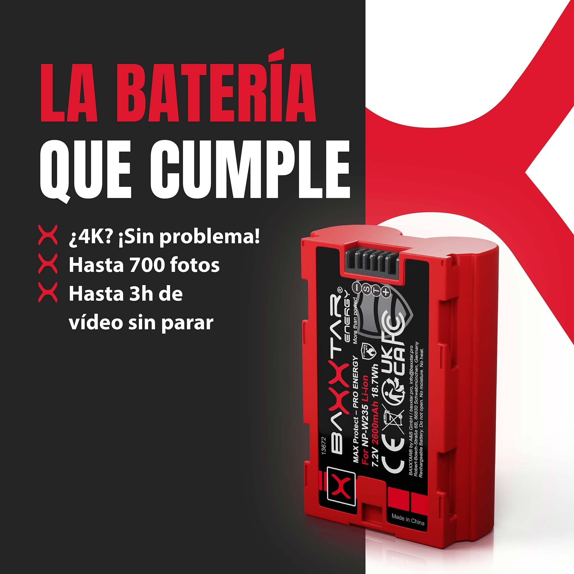 Baxxtar MaxProtect 2X Batería para Fujifilm NP-W235 W235, 2600mAh 7.2V