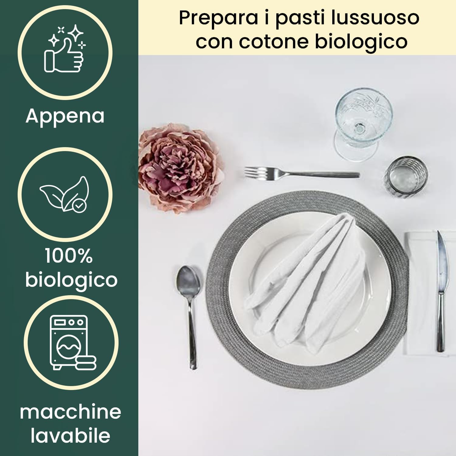 mon bijou® Set 6 Tovaglioli di Stoffa Bianchi 45x45 cm – 100% Cotone Biologico Certificato GOTS – Eleganti Lavabili Riutilizzabili – Sostenibili per Natale Pasqua Tavola Cucina Feste