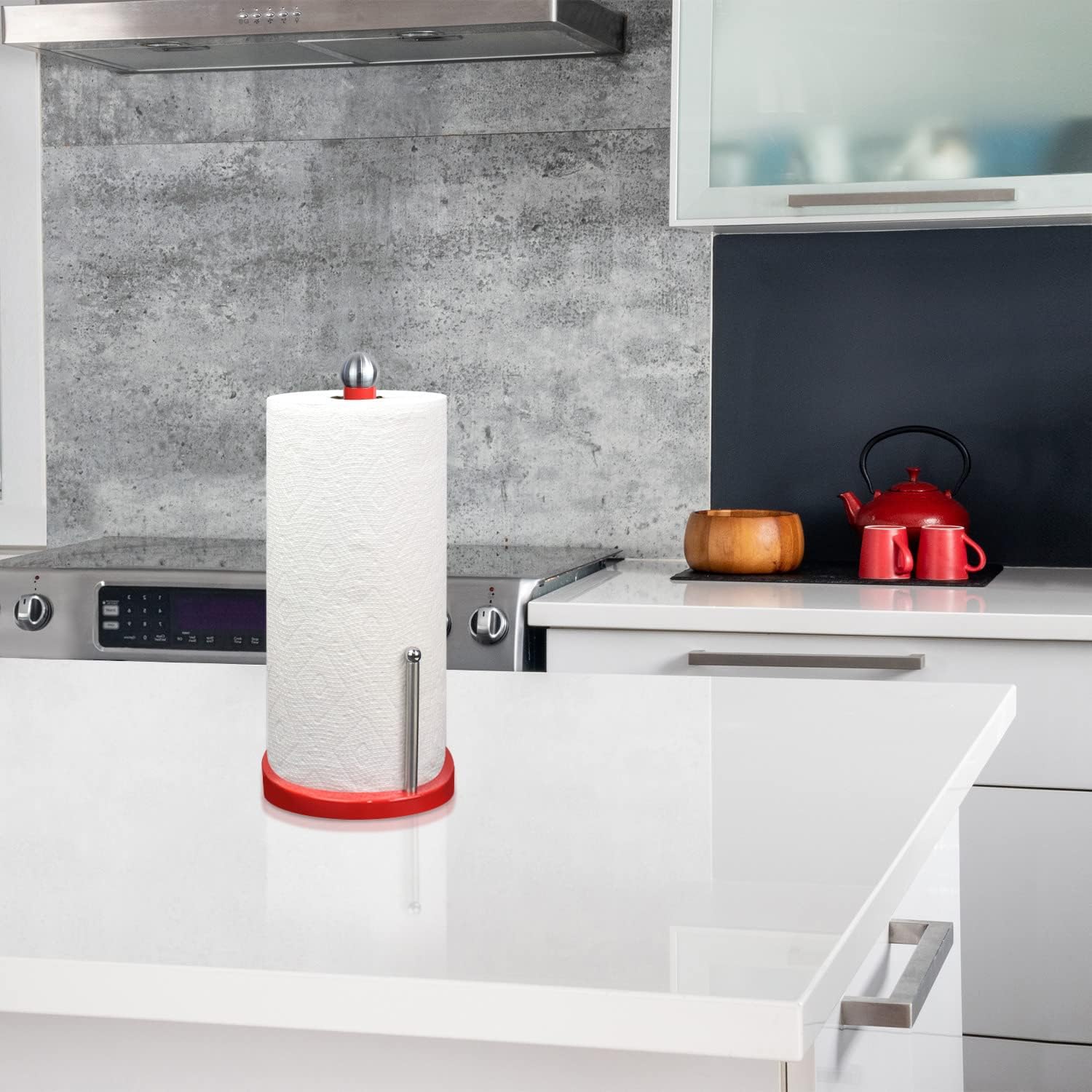 Blue Donuts Paper Towel Holder Countertop with Weighted Base - Easy One-Handed Tear Paper Towel Holder, Modern Paper Towel Holder, Red Paper Towel Dispenser Countertop