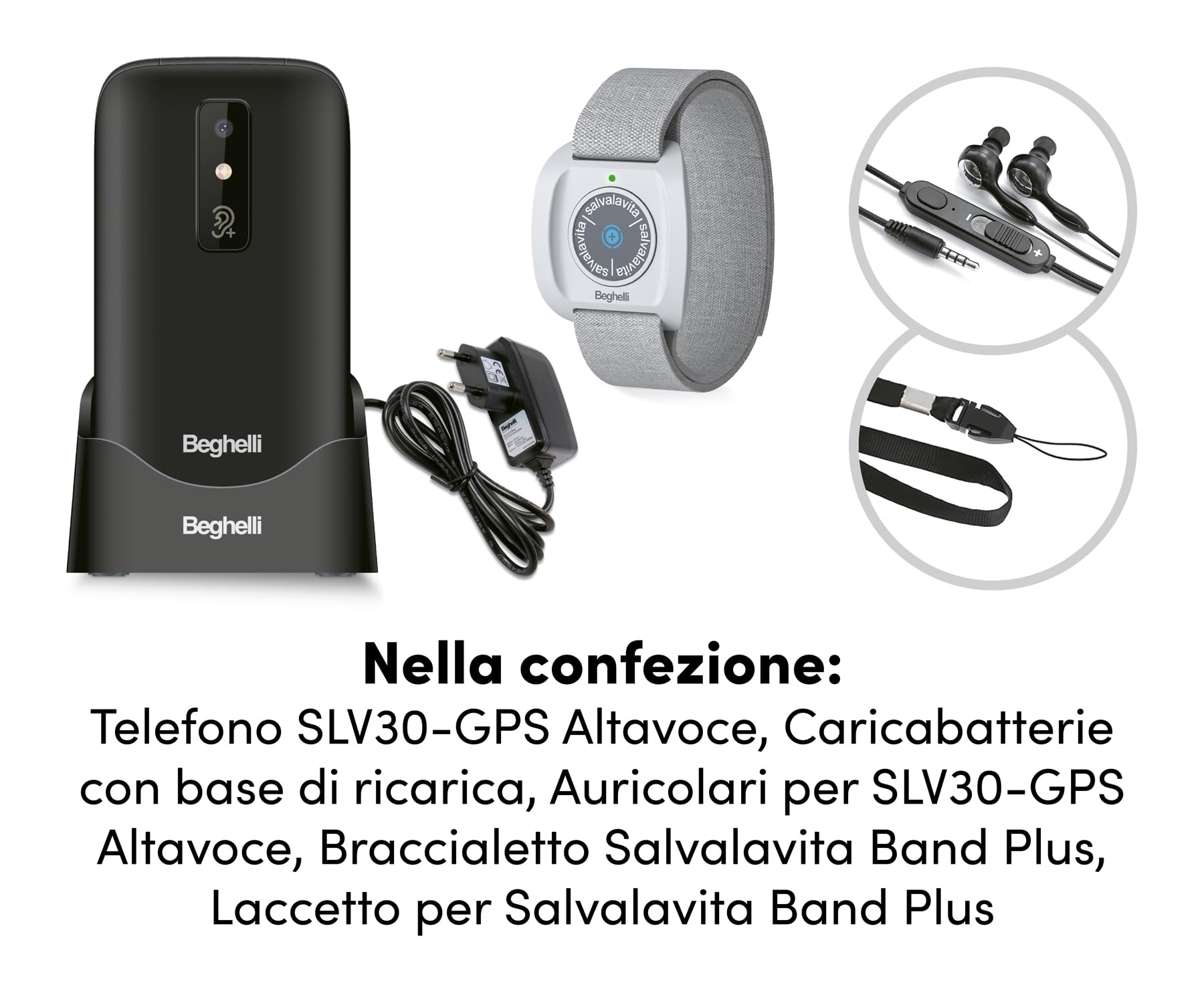 Beghelli - SLV30 Freisprecheinrichtung Plus + Armband für Senioren, GSM SOS, Schnellanruf, tragbare Telekommunikation, GPS, Fallsensor, großes Display, 2,8 Zoll, Weiß