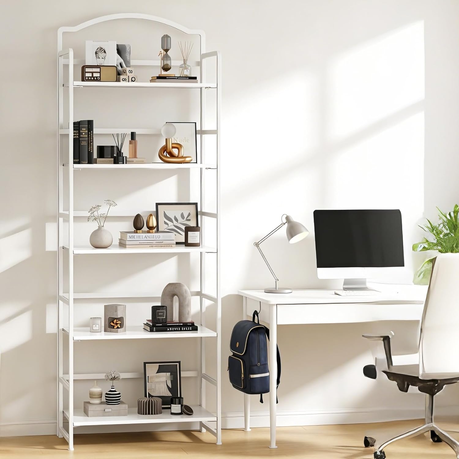 JSB 5 Tier No Assembly Folding Bookshelf, Arched Bookshelf, Foldable Bookcase for Living Room, Bedroom, Office,Skinny Bookshelf (All White)
