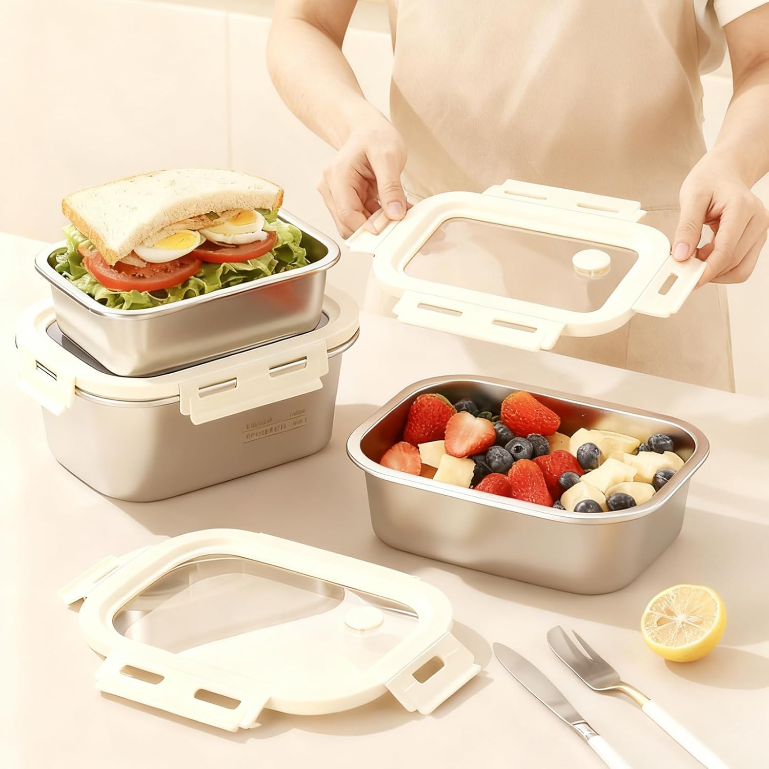 Rectangular 18-8 stainless steel lunch box with lid and silicone vent, suitable for lunch boxes, using sealed silicone rings, suitable for kitchen, snack, fruit, and outdoor picnic use (Large)