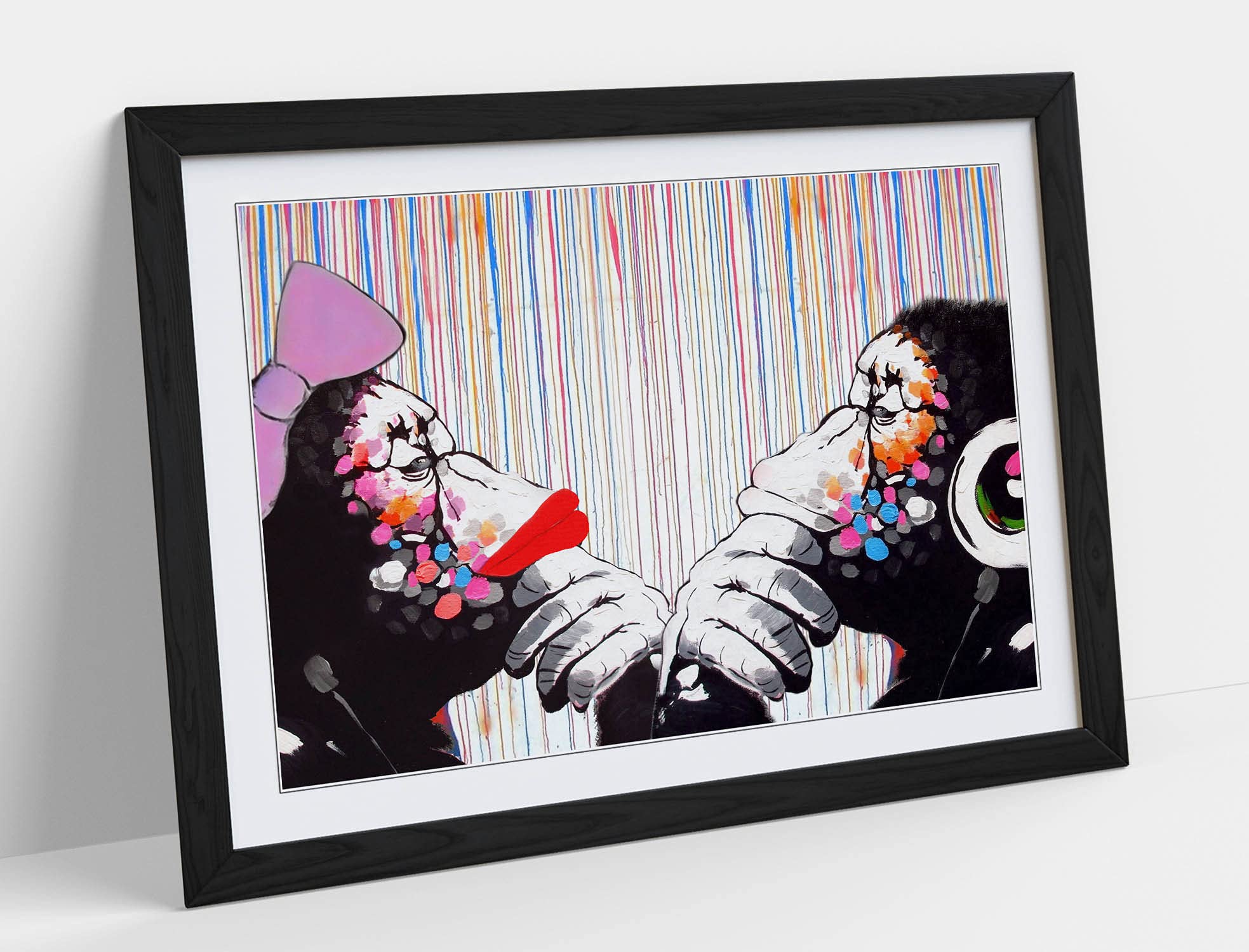Banksy Print Dj Monkey Coloured Rain Duo Artwork Graffiti Framed Wall Art Print Picture - A2 - Black Frame