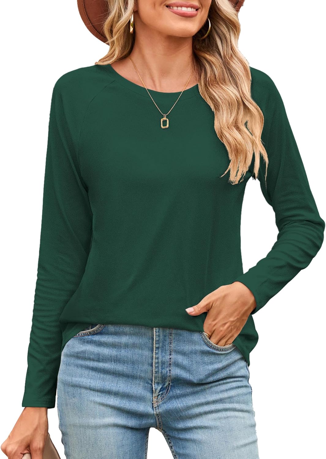 Beluring T-shirt voor dames, elegant raglan, langarm, casual ronde hals, effen, tuniek, top, donkergroen, S