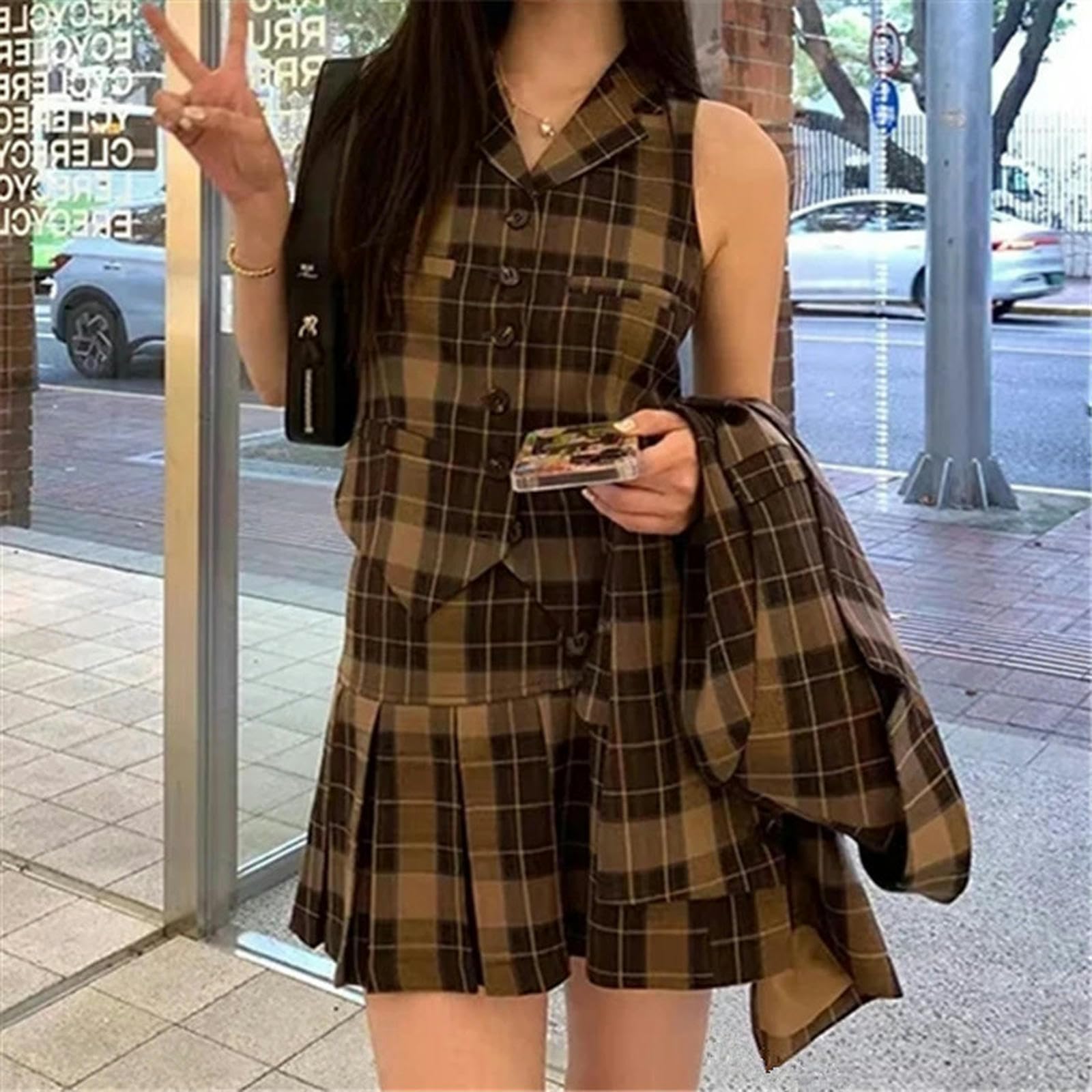 Blazer Trois pièces, Costume d'automne et d'hiver, Chemise, Gilet, Jupe plissée à Carreaux