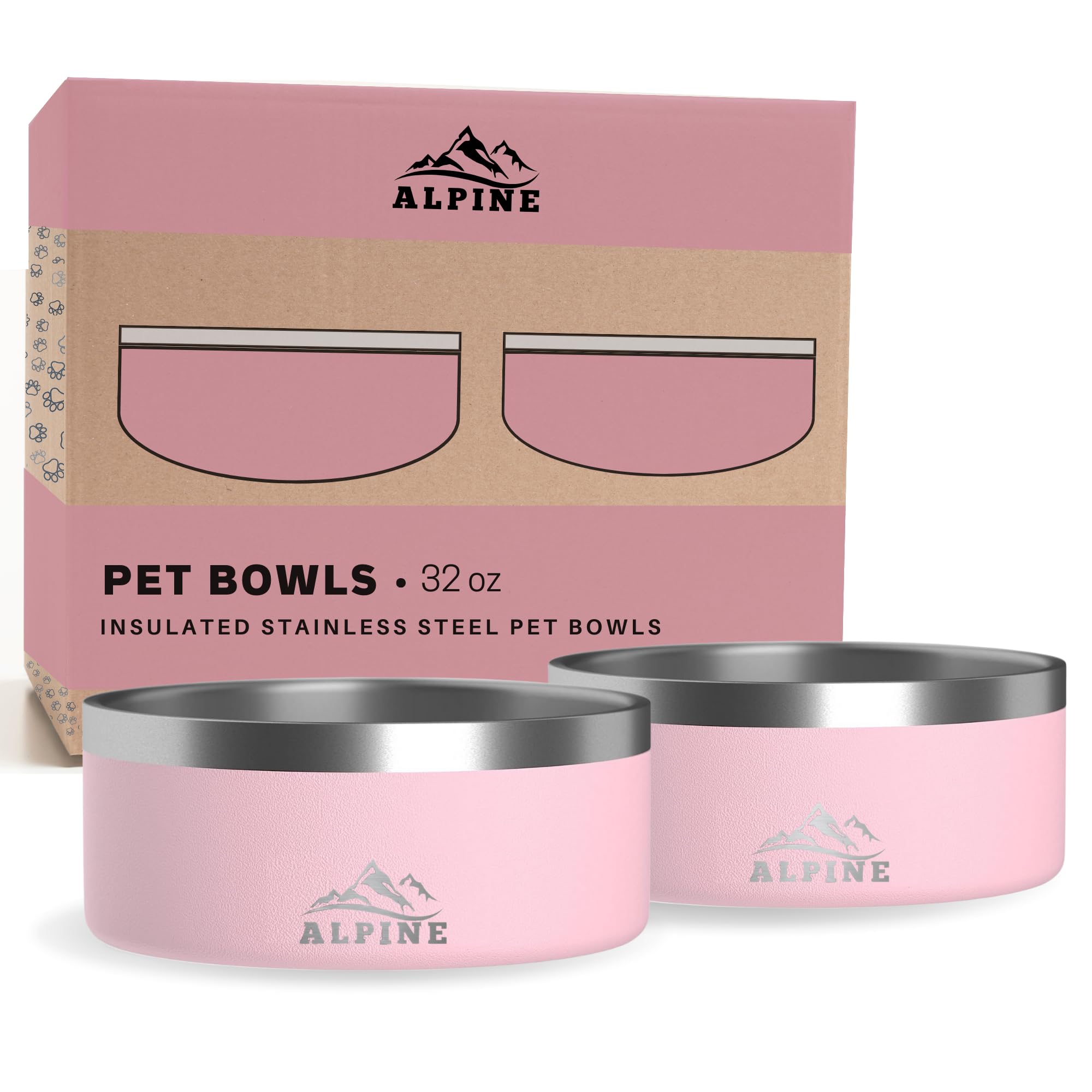 ALPINE Set of 2 Stainless Steel Dog Bowls, Non Slip, Metal Pet Bowl for Food and Water, Double Walled Insulated, Rustproof, Dishwasher Safe (32 oz, Pink)