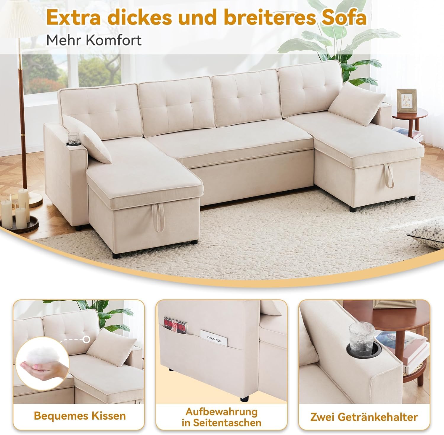 Canapé D'Angle 3-4 Places En Velours Côtelé Beige - Avec Repose-Pieds, Chargeur USB Et Rangement - 213x139cm - 3