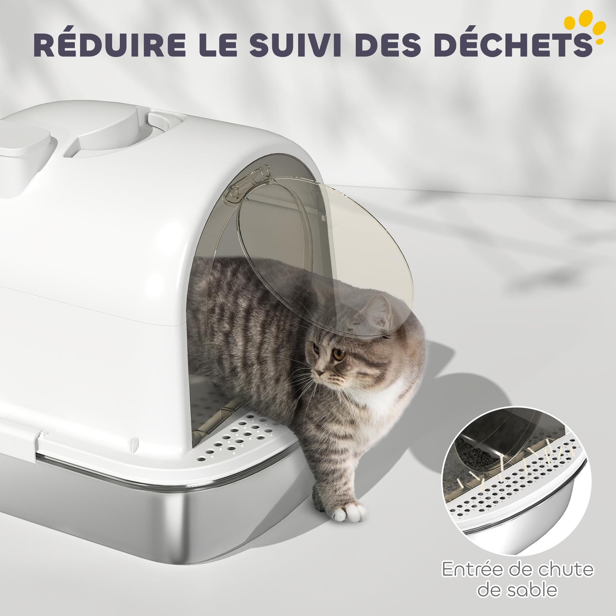 PawHut Maison de Toilette pour Chat, bac à litière fermé, bac en Acier Inoxydable, Anti-fuites, Nettoyage Facile, Sac désodorisant Inclus, Charge 5 kg, 52,4 x 41,3 x 39,9 cm, Blanc