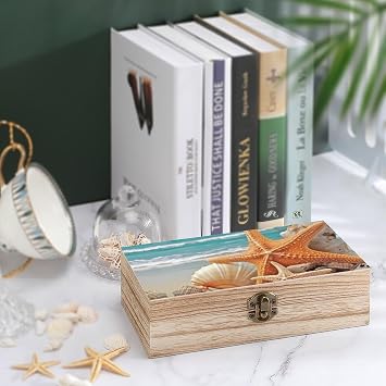 Large Wooden Storage Box With Lid And Front Clasp Starfish Seashell Beach Wooden Jewelry Box Office Desk Organizer Bins Beautifully Keepsake Boxes Memory Boxes Jewelry Organizer