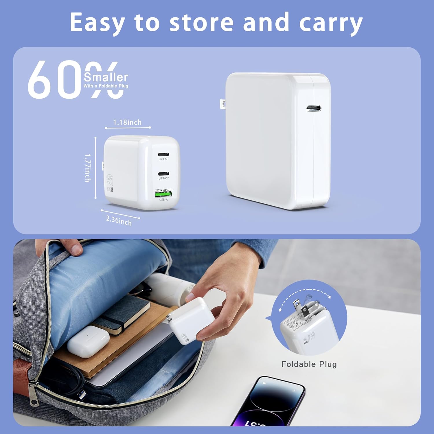 67W USB C Wall Charger, 3-Port GaN Fast Charger Block,Replacement for MacBook Pro/Air, iPad, iPhone 15/14/Pro, Galaxy, Pixel, Apple Watch and More