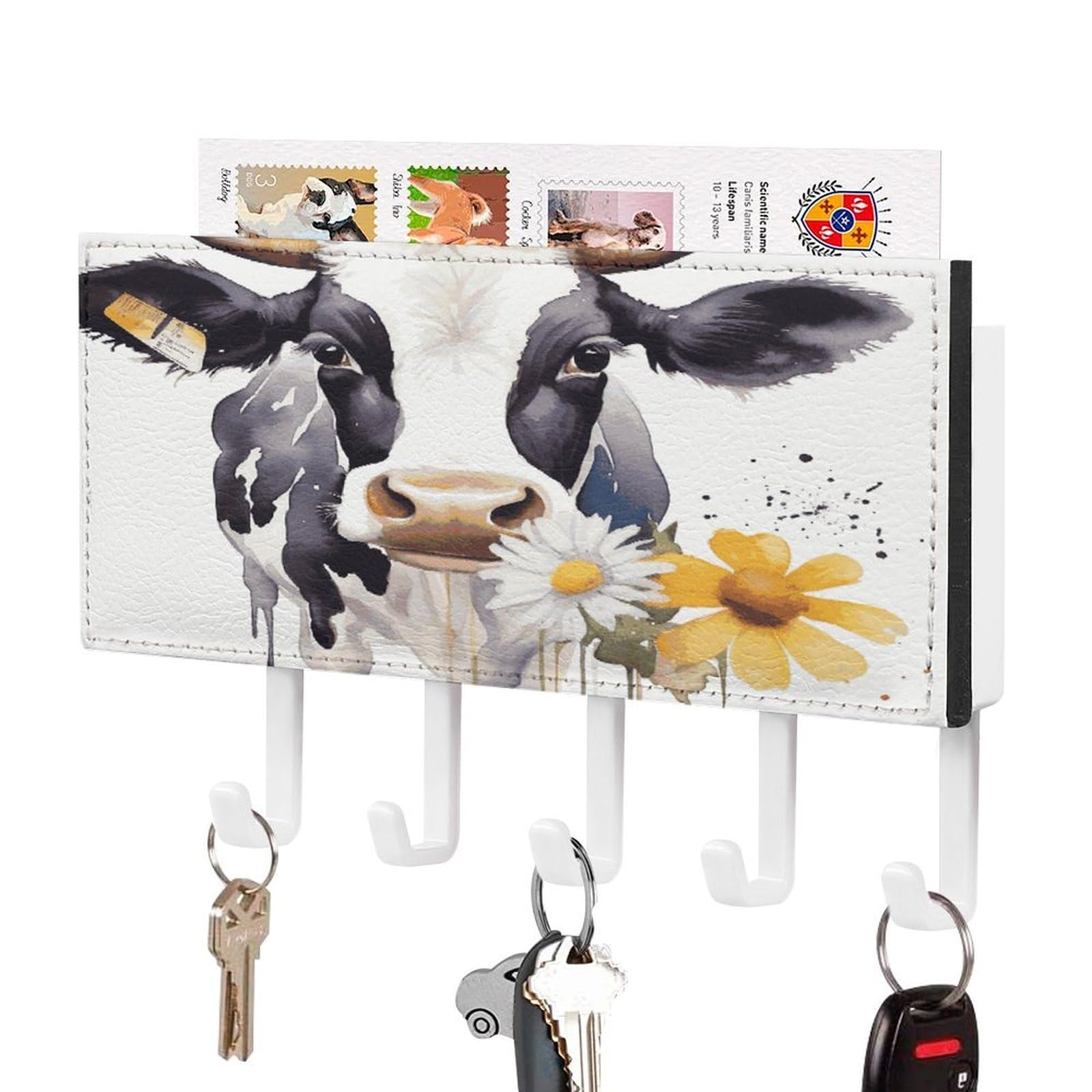 LDGSUPH Watercolor Cow and Daisy Flower Key Holder Wall Mount Key Hanger with 5 Hooks Fashion Key Organizer Rack Hanging Key Hooks with Mail Organizer Key Rack for Home Entryway Hallway White-Style