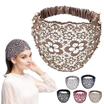 2025 New Elegant Floral Beaded Headbands for Women, Wide Lace Hair Bandanas, Boho Hair Accessories khaki, one size
