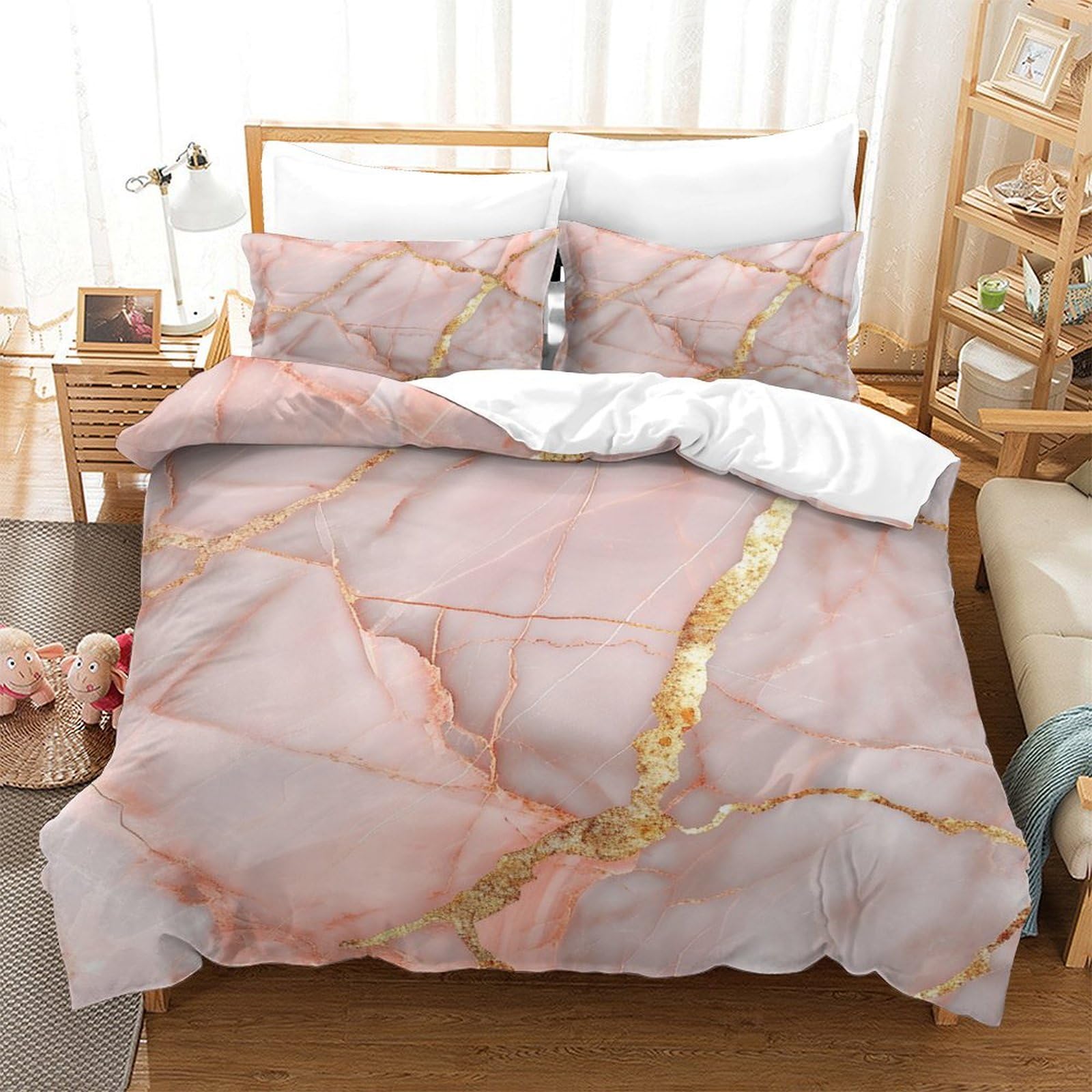 P1S9U7W5Y 3D Printed Pink Marble Pattern Duvet Cover Set 3pcs Microfiber Gold Streak Marble Bedding Set Double（200x200cm）
