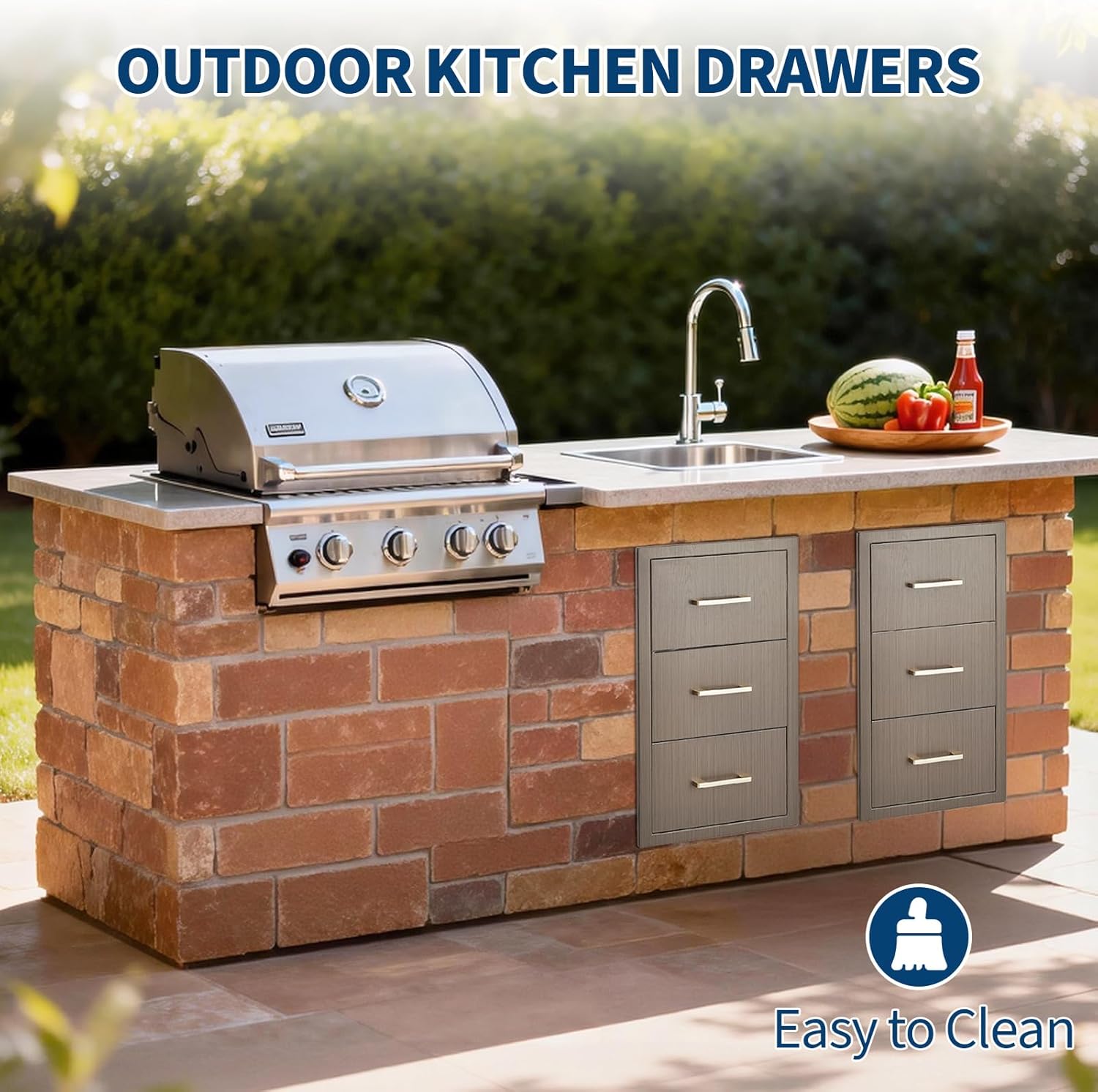 GAOMON Outdoor Kitchen Drawers 16" W x 28.5" H x 20.5" D, Flush Mount Triple Access BBQ Drawers with Stainless Steel Handle for Outdoor Kitchens, BBQ Island, Patio Grill Station