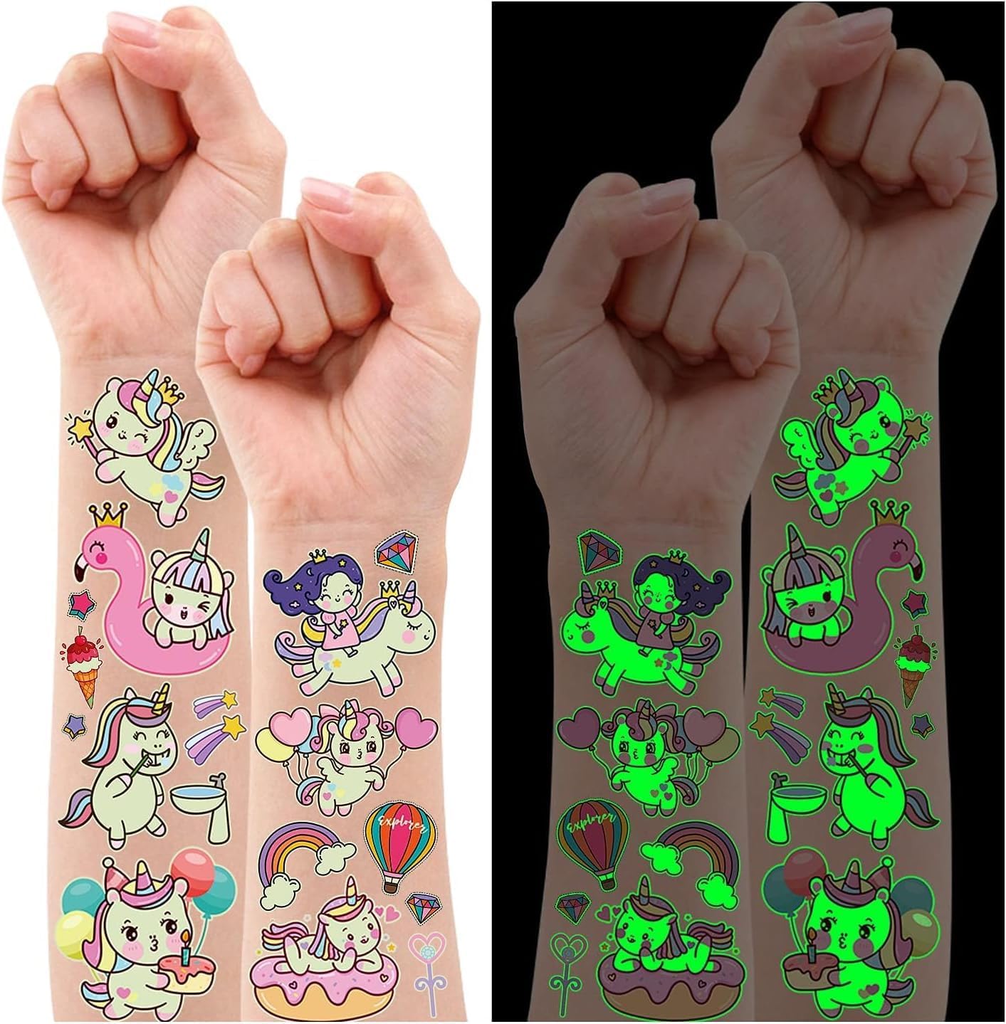 Leesgel Unicornio Tatuajes Temporales Niñas, 12 Hojas Luminosas Pegatinas Infantiles Pegatinas Unicornios para Niñas, Relleno Piñatas Detalles Regalos Cumpleaños Niños