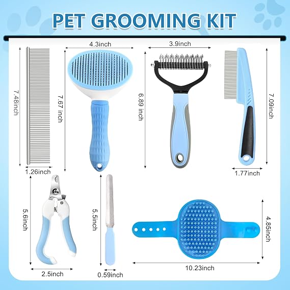 Dog Brush Dog Grooming Kit 7PCS Dog Brush for Shedding-Dog Brushes for Grooming, Dematting Comb, Nail Clipper with Nail File, Flea Comb, Pet Comb, Bath Brush(Blue)