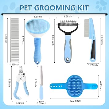 Dog Brush Dog Grooming Kit 7PCS Dog Brush for Shedding-Dog Brushes for Grooming, Dematting Comb, Nail Clipper with Nail File, Flea Comb, Pet Comb, Bath Brush(Blue)