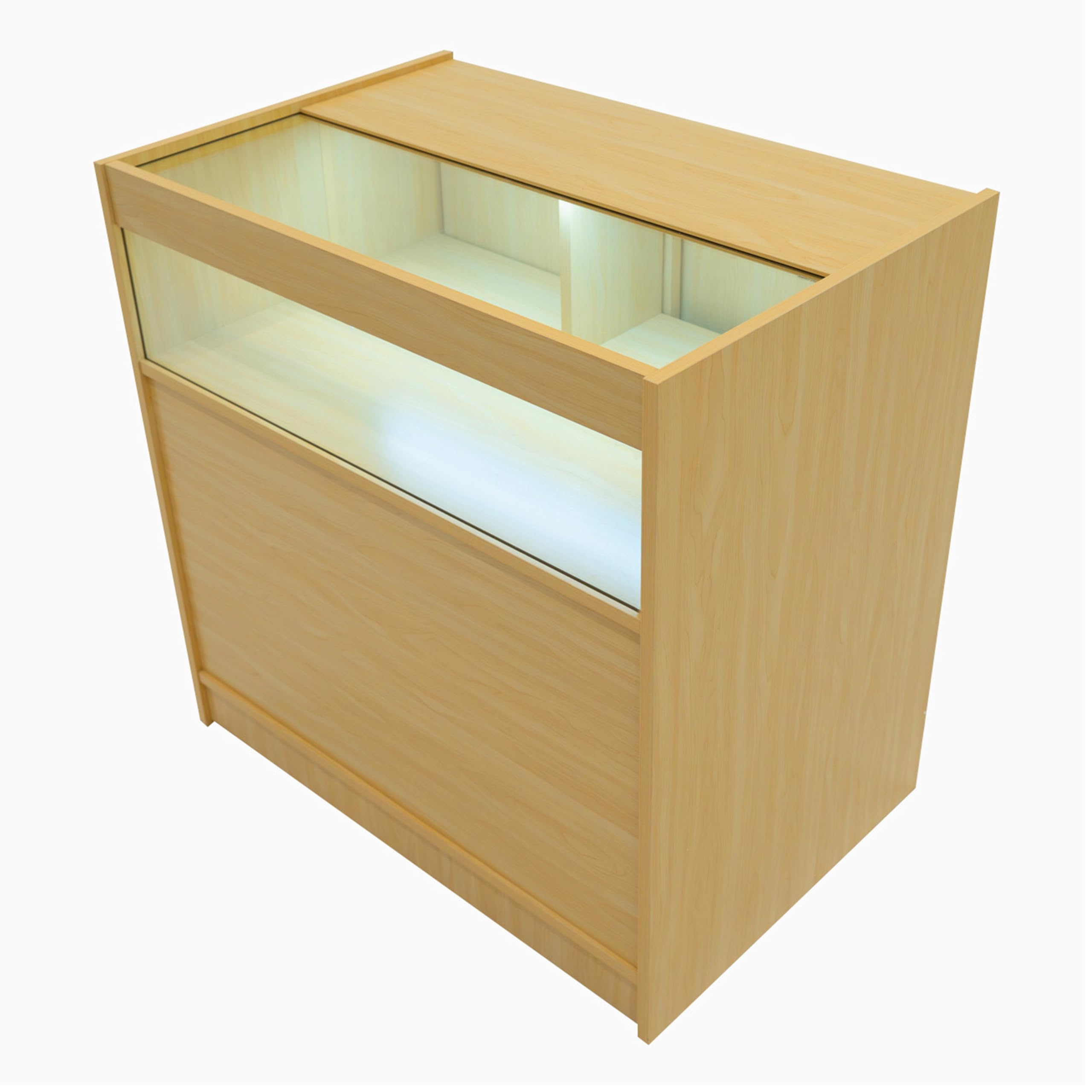 Ladentheken-Set Gravity ahorn LED – B900, C900, CM60, TB60 – Abschließbare Schiebetüren mit Schlüsseln – Kassenblock, Glasvitrine, Ecktheke, Beleuchtete Verkaufseinheiten, Verkaufstheke