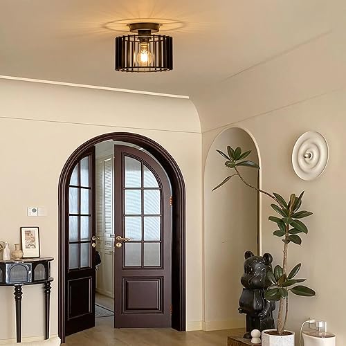 Miniatura 3 de Lámpara de techo industrial de hierro negro con jaula de hierro empotrado, 9 pulgadas de diámetro, lámparas de techo modernas para pasillos,