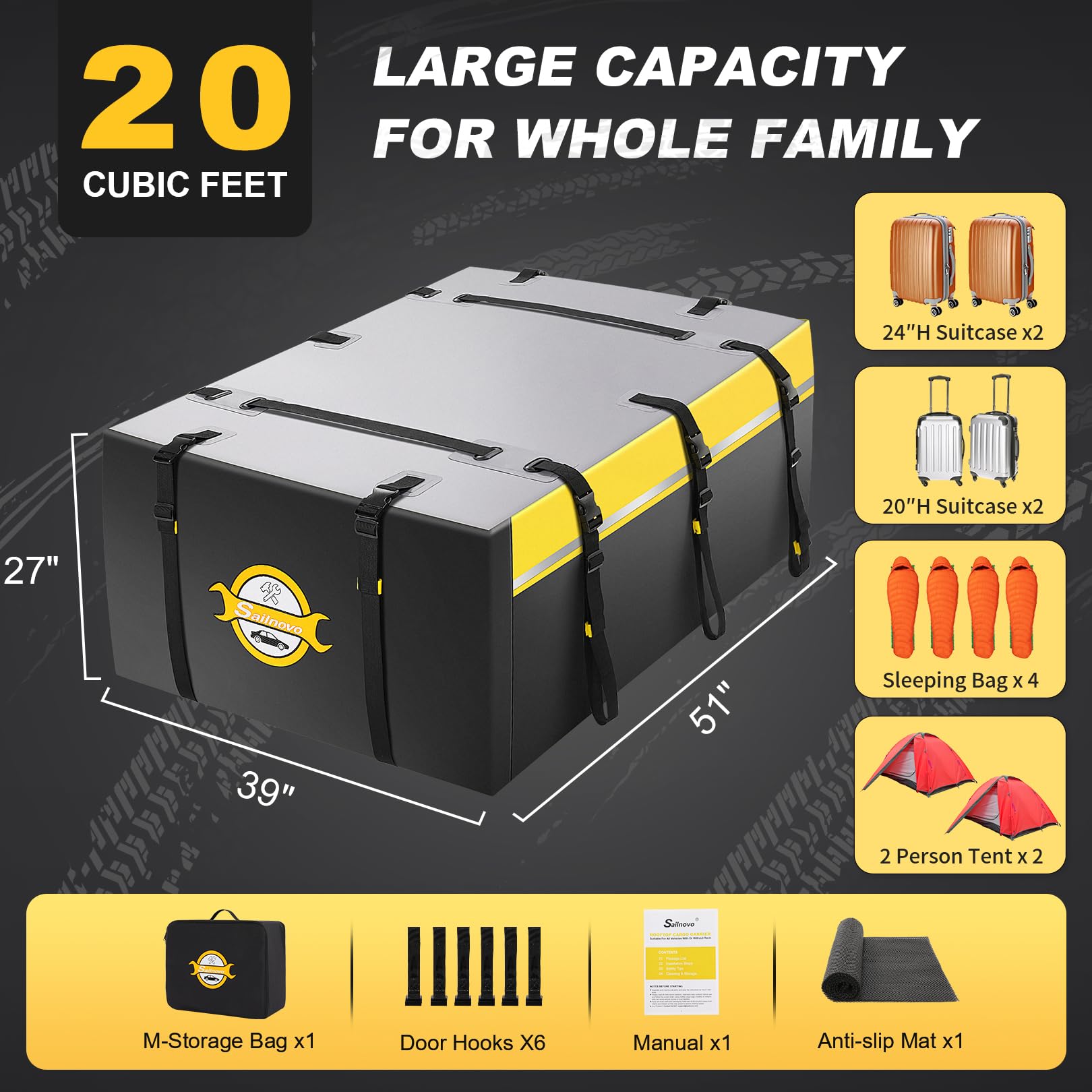 Sailnovo Roof Bag Box Soft-Shell Carrier 21 piedi Cubi Con Tapetino Antiscivolo + 6 ganci per Porta