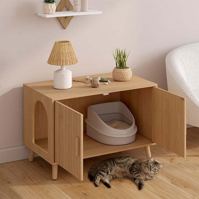 Foto 4 de 6 de IDMarket - Caja de arena Juliette con puertas dobles y listones de madera, color roble