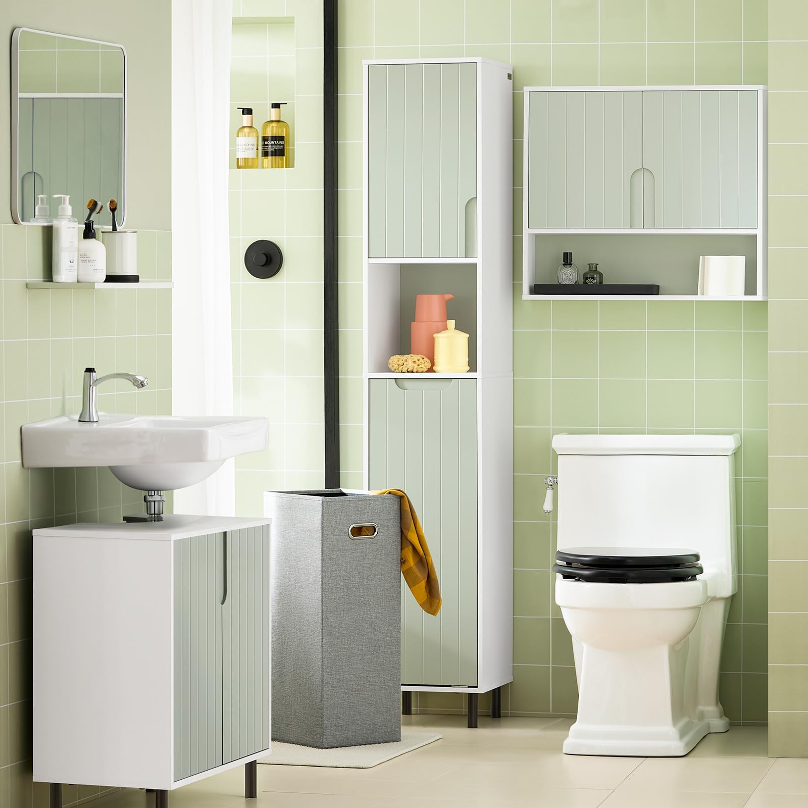 SoBuy Mobile Alto Bagno Salvaspazio con Sacco Portabiancheria