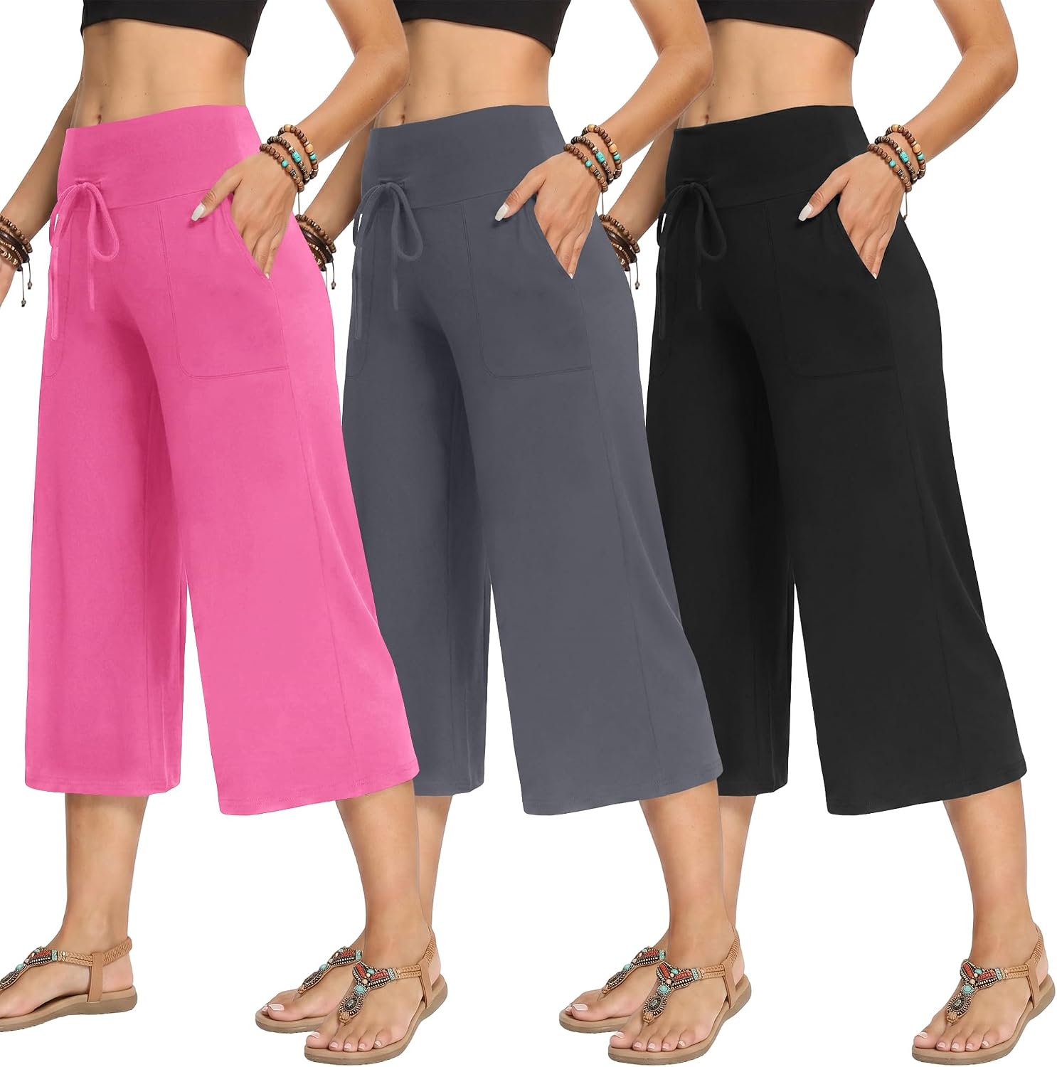 TNNZEET 3 Pack Women's Wide Leg Pants with Pockets - Casual Loose Yoga Trouser Pants Sweatpants Palazzo Lounge Pajama Pants