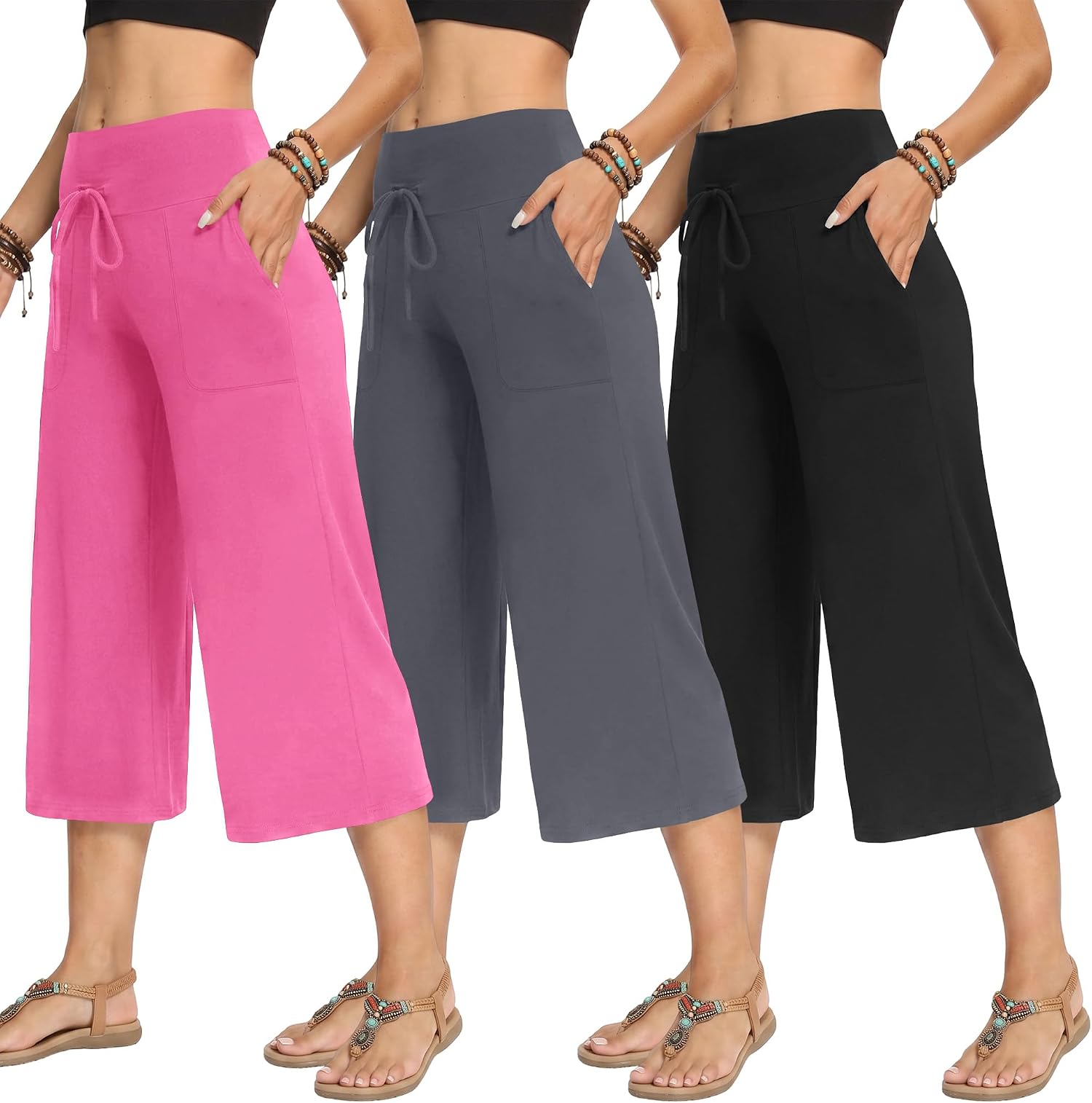 TNNZEET 3 Pack Women's Wide Leg Pants with Pockets - Casual Loose Yoga Trouser Pants Sweatpants Palazzo Lounge Pajama Pants