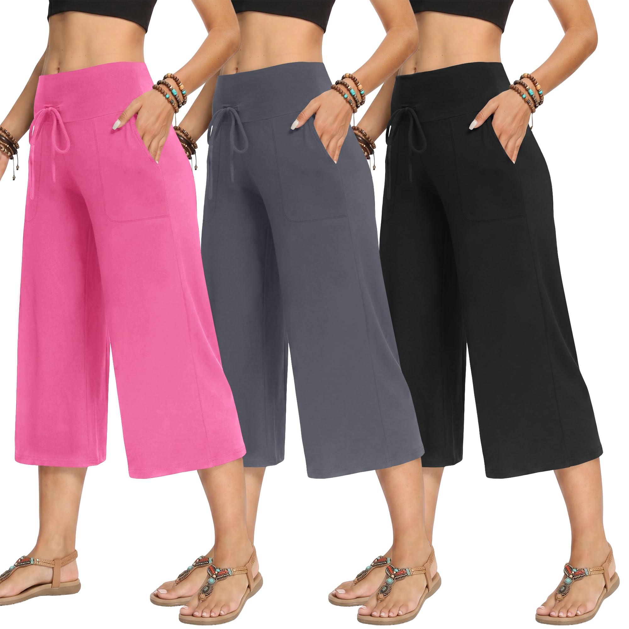 TNNZEET 3 Pack Women's Wide Leg Pants with Pockets - Casual Loose Yoga Trouser Pants Sweatpants Palazzo Lounge Pajama Pants