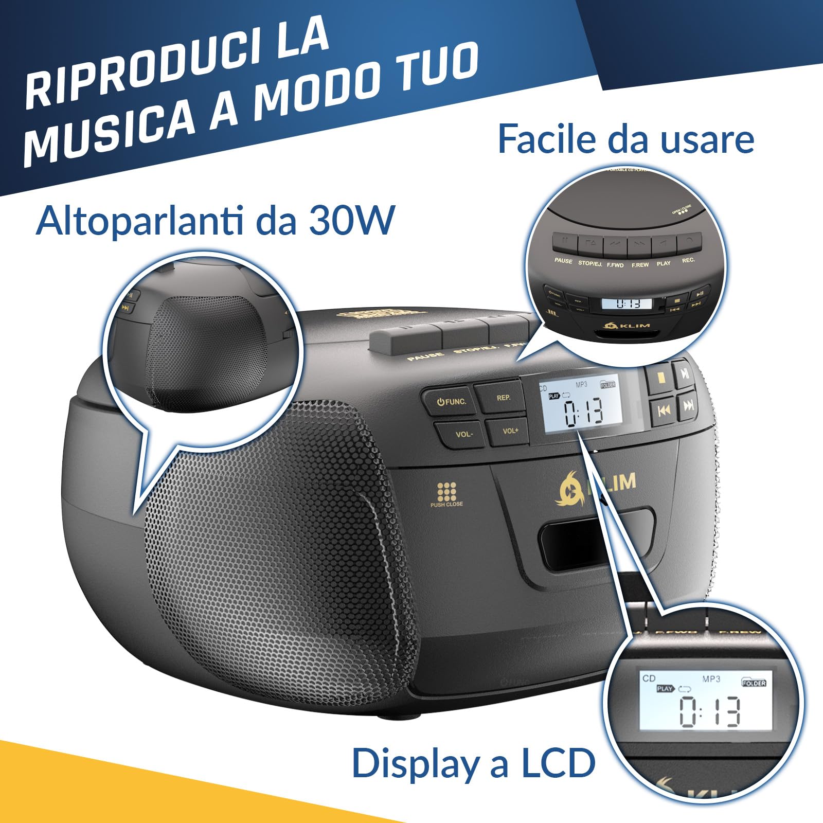 KLIM Lettore CD - Lettore Cassette Audio, AM/FM Radio Bluetooth, Stereo CD Player, Remota, Registrazione Su Nastro, USB Drive, AUX, Radio Stereo Casa Alimentazione AC/DC - Nero/Oro