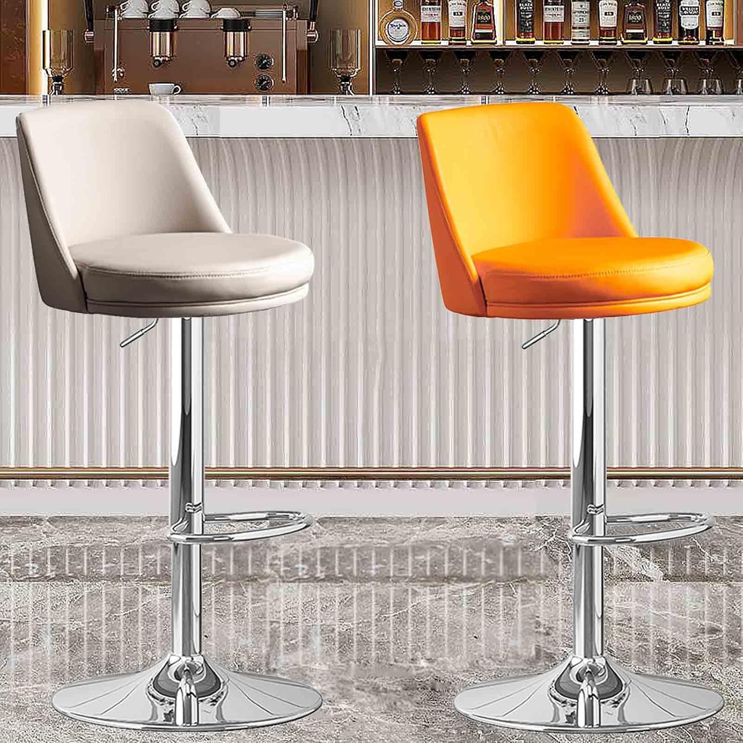 Two ZJXDPBF Swivel High Chairs at a bar counter, one in off-white and one in orange.